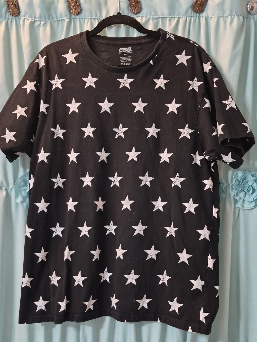 CSG Mens Black & White Distressed Star short sleeve Cotton T shirt SZ L